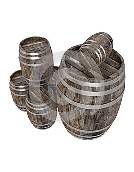 Render of group old dark wood barrel. White background. Shadows. Clipping path