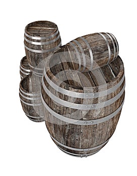 Render of group old dark wood barrel. White background. Shadows. Clipping path