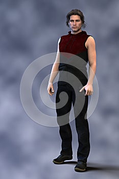 Render of handsome man in modern clothing standing casually with his arms by his side