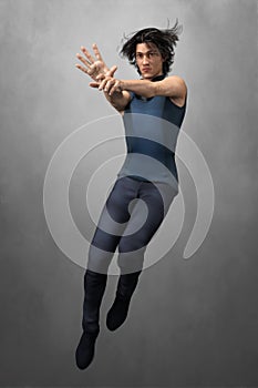 Render of a handsome urban fantasy style man in jumping magical pose