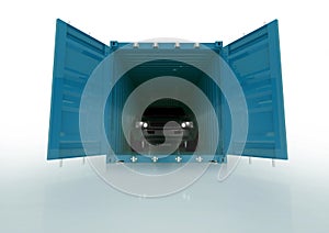 Render illustration of a car inside of a blue container isolated