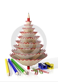 Render of office supplies and a tree made with a pencil shavings