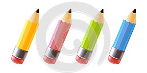 Render pencils. 3d color isolated writing pencil with eraser and sharp graphite for drawing idea art writer tool, school