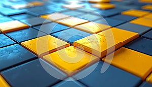 Abstract 3D Grid of Yellow and Blue Cubes with Reflective Surfaces Keywords: abstract, background, blue, bright