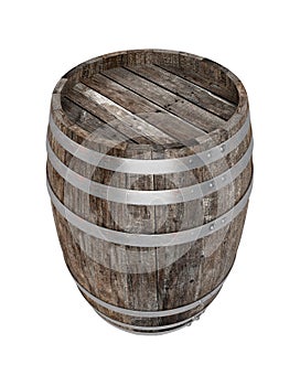 Render of single old dark wood barrel. White background. Shadows. Clipping path