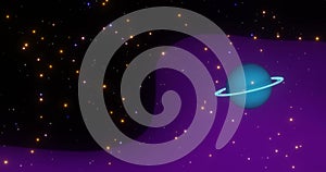 Render with space background with yellow black hole blue planet with rings and bright stars with purple nebula