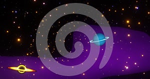 Render with space background with yellow black hole  blue planet with rings and bright stars with purple nebula