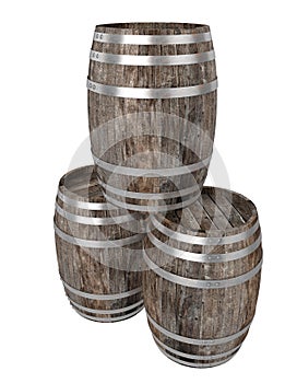 Render of three old dark wood barrel. White background. Shadows. Clipping path