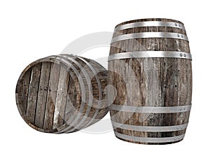 Render of two old dark wood barrel. White background. Shadows. Clipping path