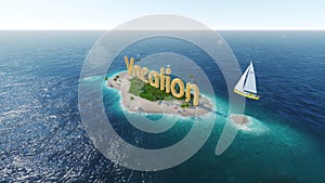 render word vacation on tropical paradise island with palm trees an sun tents. sail boat in the ocean.