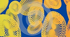 Render with yellow orange abstract background on blue background