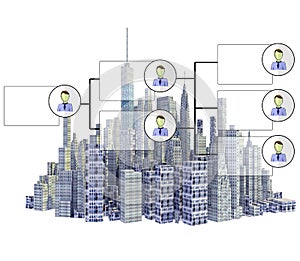 Rendered 3d city skyline with organigram