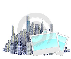 Rendered 3d city skyline with photo frames