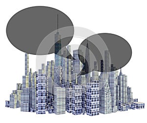 Rendered 3d city skyline with text balloons