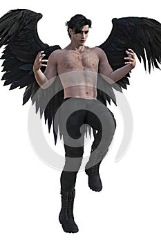 Close Up of an Angel with black winds flying with arms outstretched