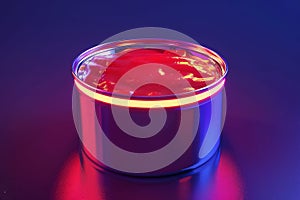 Rendered depiction of a tin can filled with red liquid, A 3D rendering of a can of tomato sauce with neon glowing accents