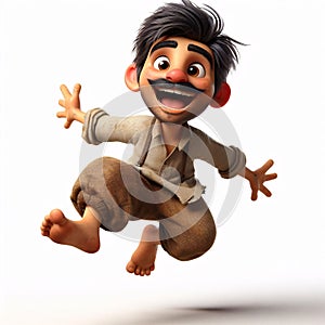 Rendered digital scene: Joyous boy jumps, shabby clothing, wide smile, lifelike hair, Pixar-rendered, generative AI