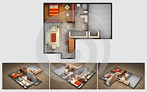 Rendered house plan and three isometric section views