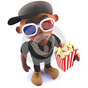 Cartoon black hip hop rap singer in 3d wearing 3d glasses and eating popcorn