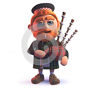 Cartoon 3d Scots man in kilt playing the Scottish bagpipes