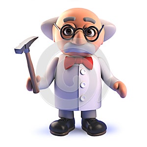 Cartoon 3d mad scientist geologist character holding an archaelogy hammer photo