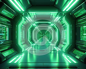 rendered sci-fi corridor inside a spaceship.