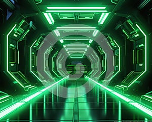 rendered sci-fi corridor inside a spaceship.