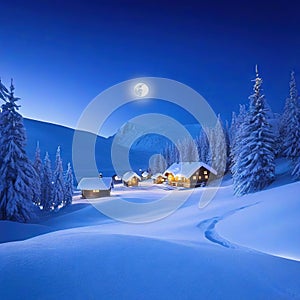 rendered winter snow scene cold and serene new for winter Village in the North Pole with a full moon over it at Beautiful
