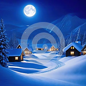 rendered winter snow scene cold and serene new for winter Village in the North Pole with a full moon over it at Beautiful