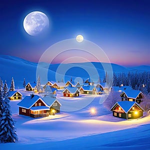 rendered winter snow scene cold and serene new for winter Village in the North Pole with a full moon over it at Beautiful