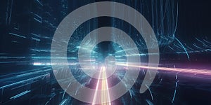 Rendering of abstract highway path through digital binary towers. Concept of big data, machine learning. Generative AI