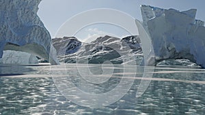 Rendering of antarctic landscape with cracked ice and mountains