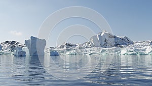 Rendering of antarctic landscape with floating ice mountains and mountain range