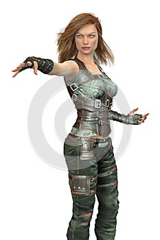 Rendering of a beautiful female fantasy warrior with her arm outstretched