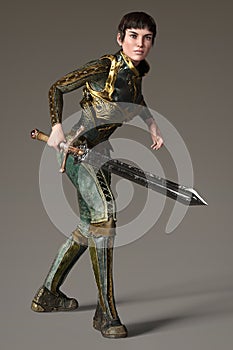 Rendering of beautiful scarred fantasy woman warrior in a fighting pose