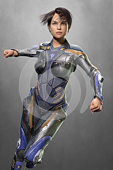 Rendering of a beautiful sci-fi woman running