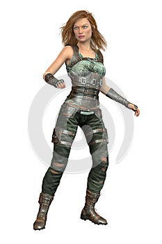 Rendering of a beautiful strong and assertive female warrior or enforcer in an action pose