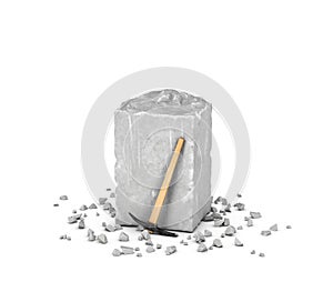 Rendering big rectangular block of gray rock, its chips and pick isolated on white background.