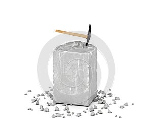 Rendering big rectangular block of gray rock, its chips and pick isolated on white background.