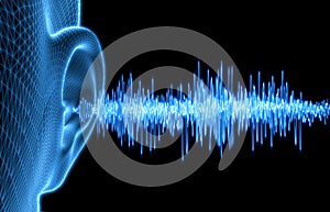 Wireframe human ear with sound waves - 3D illustration photo