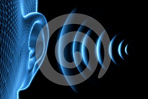 Wireframe human ear with sound waves - 3D illustration