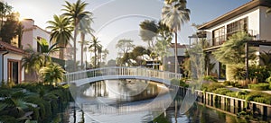 A rendering of the bridge over a small canal in front of townhouses with palm trees and lush vegetation, located at Dubai\'s