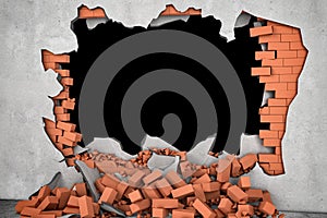 Rendering broken wall with black hole and pile of rusty red bricks beneath.