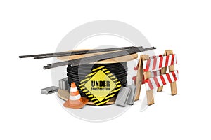 Rendering of cable drum with under construction sign, metal bars, wooden barrier, traffic cones and concrete blocks