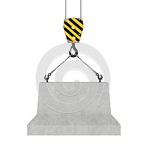Rendering of concrete block hanging on hook with two ropes