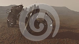 Rendering of a crashed alien space ship wreck on martian surface of the planet