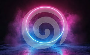 Rendering in 3D, abstract background, ring, glowing dots, neon light, virtual reality, volume equalizer interface, hud