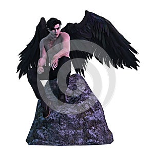 Rendering Dark Angel with Black Wings Seated on a Rock
