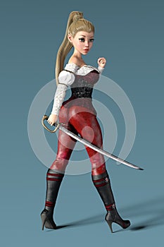 Rendering of a female pirate holding a cutlass sword