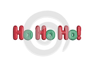 Rendering of a festive holiday phrase, "Ho Ho Ho!" in red and green on a white background